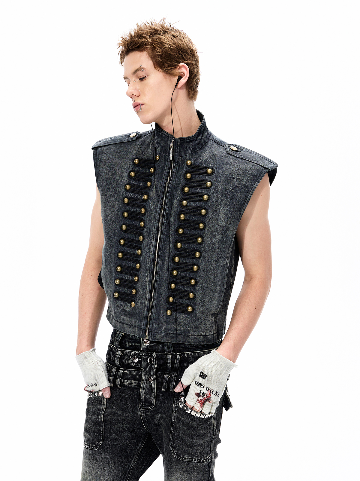 DISTRESSED DENIM NAPOLEON MILITARY VEST