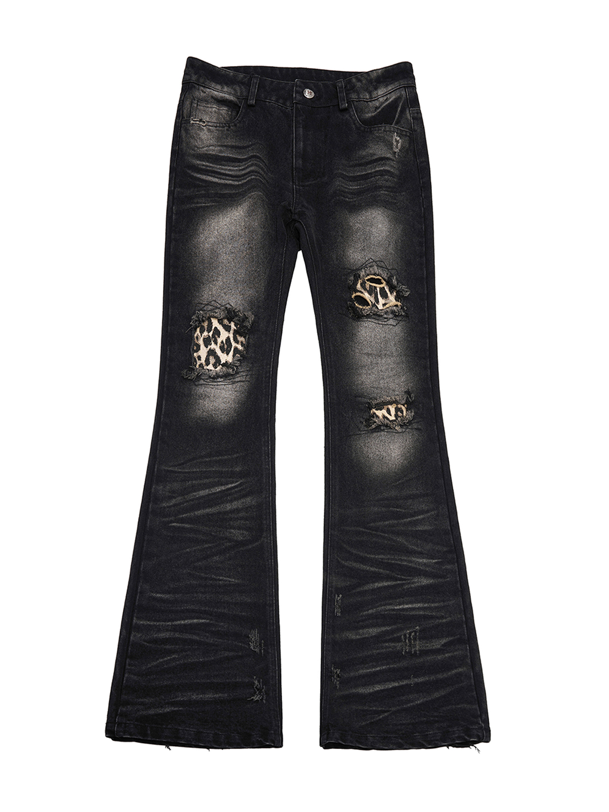 WASHED STACKED DISTRESSED LEOPARD PRINT FLARE JEANS