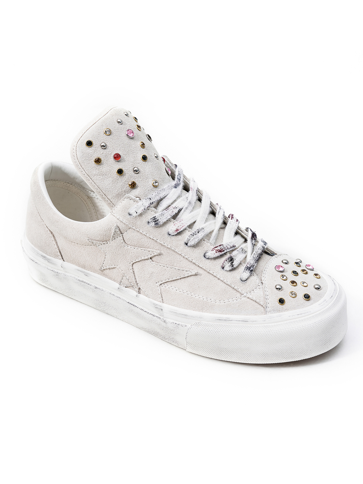 RHINESTONE STUDDED DISTRESSED PLATFORM SNEAKERS-VINTAGE WHITE