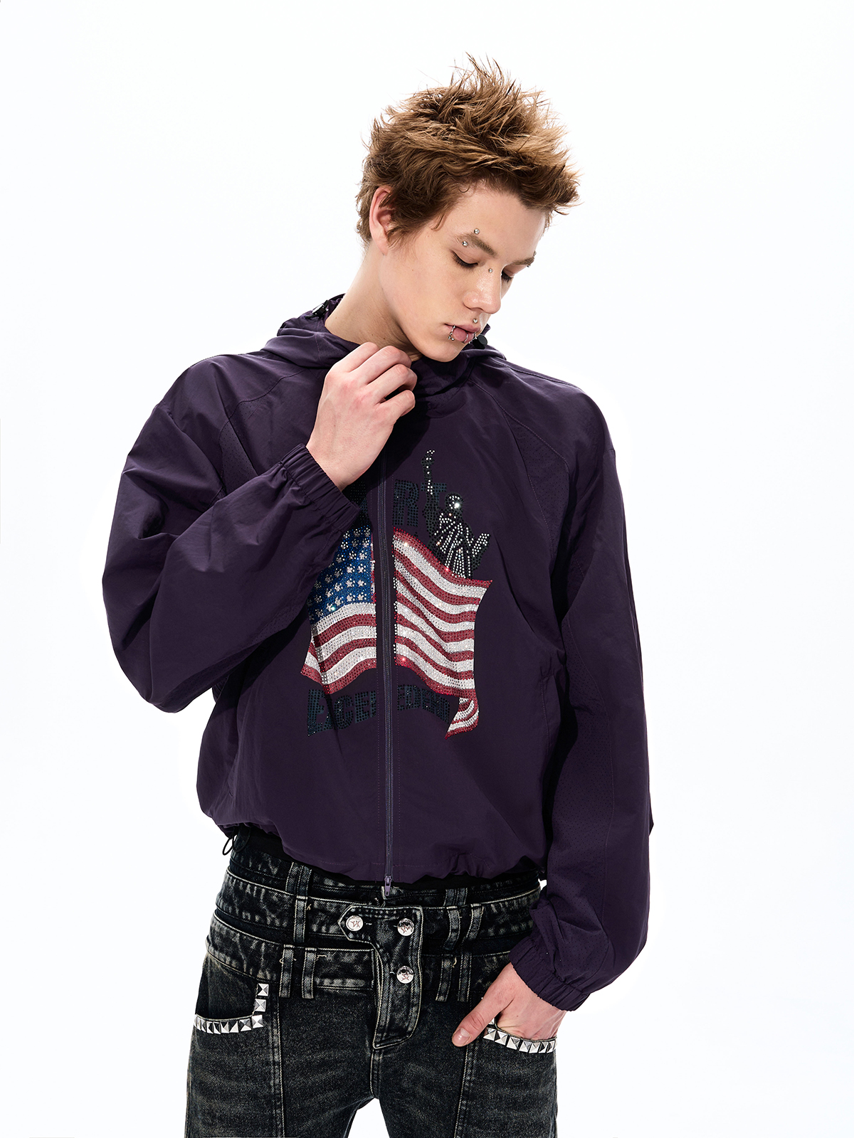 RHINESTONE AMERICANA LIGHTWEIGHT SUN HOODIE-PLUM PURPLE