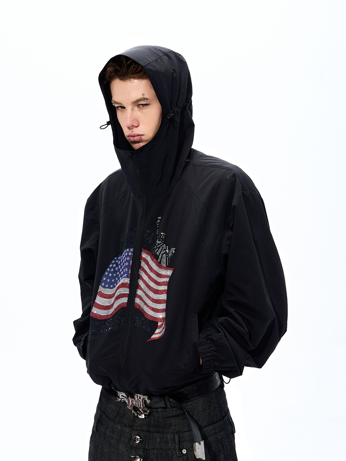 RHINESTONE AMERICANA LIGHTWEIGHT SUN HOODIE-BLACK