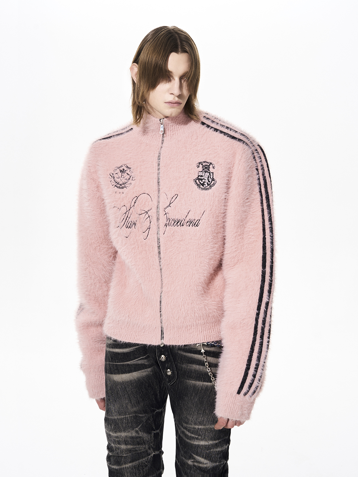 FUZZY CREST ZIP KNIT-PINK