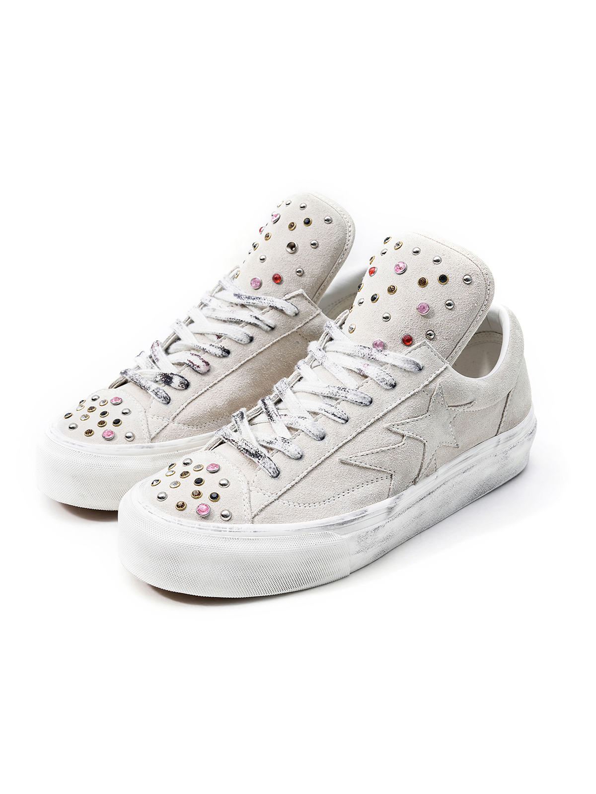 RHINESTONE STUDDED DISTRESSED PLATFORM SNEAKERS-VINTAGE WHITE