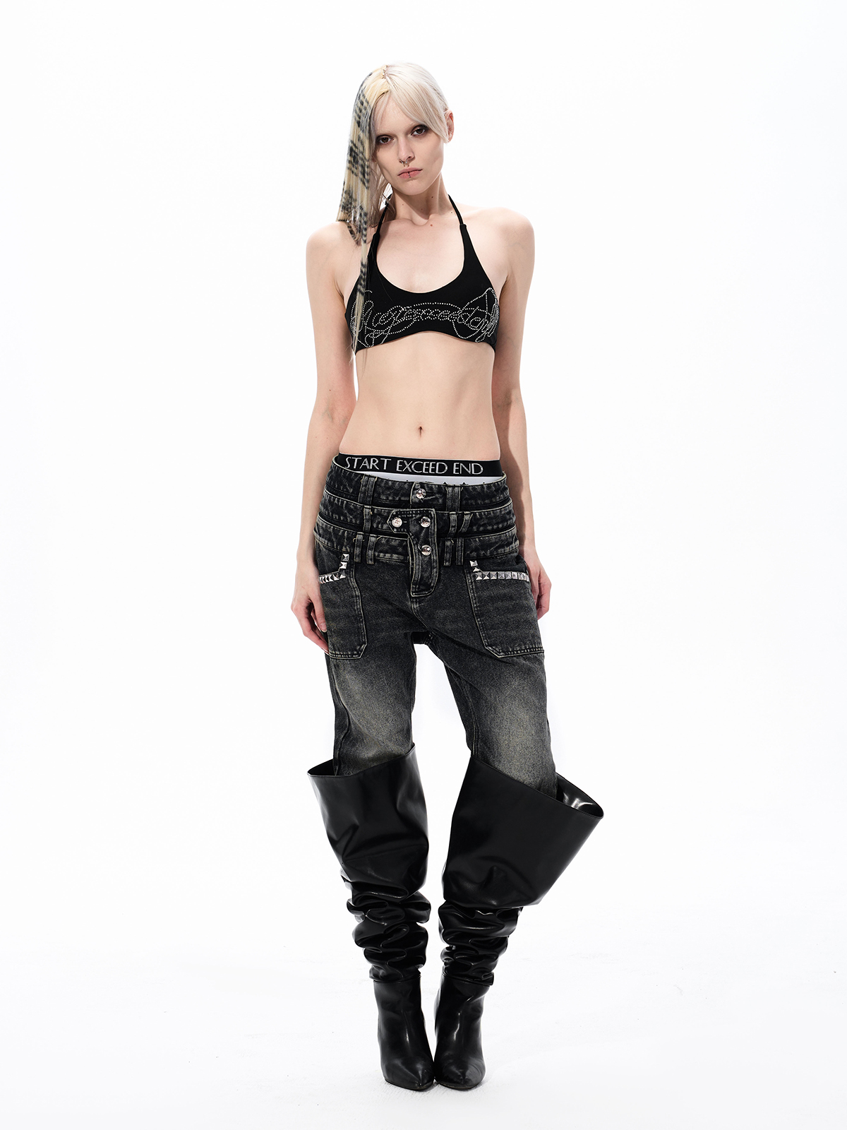 RHINESTONE GRAPHIC U-NECK HALTER BRALETTE