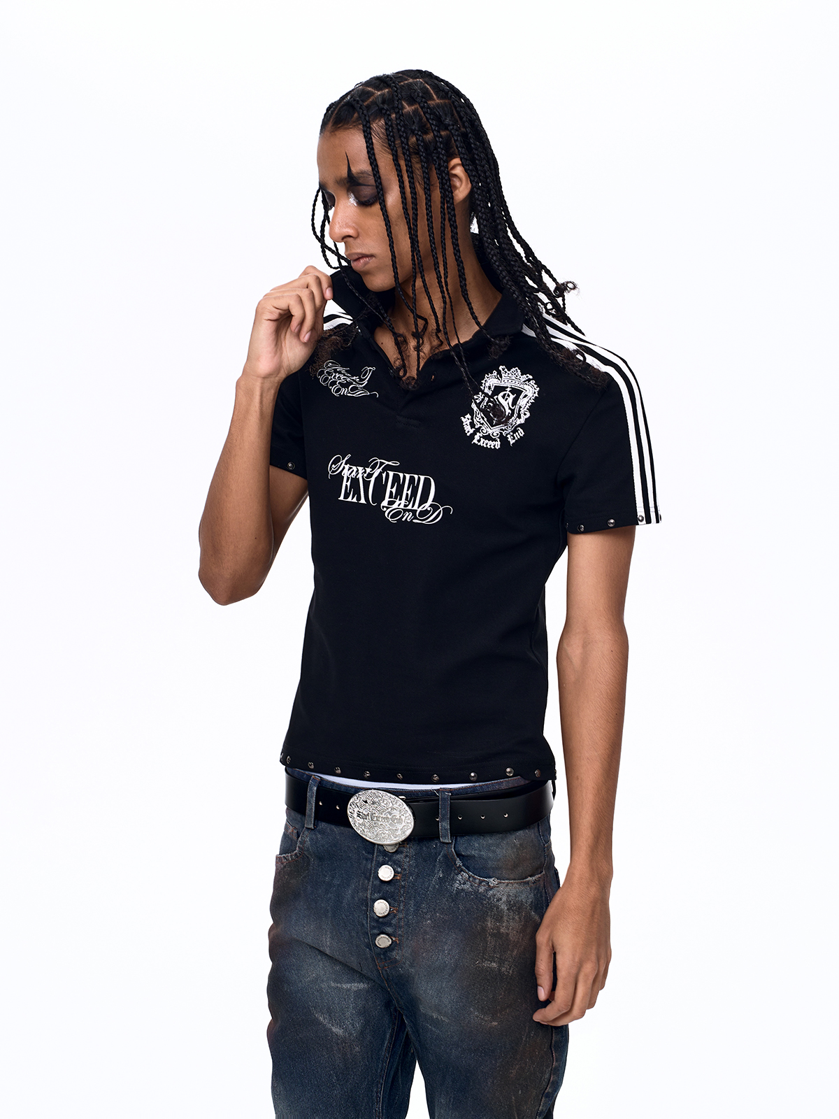 STUDDED DOUBLE STRIPE CREST POLO SHIRT