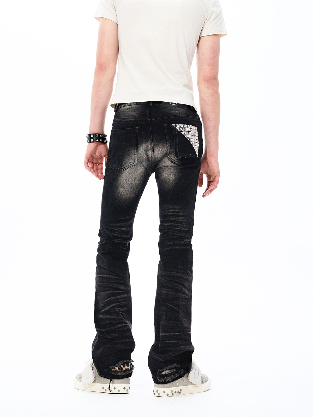 WASHED STACKED DISTRESSED LEOPARD PRINT FLARE JEANS