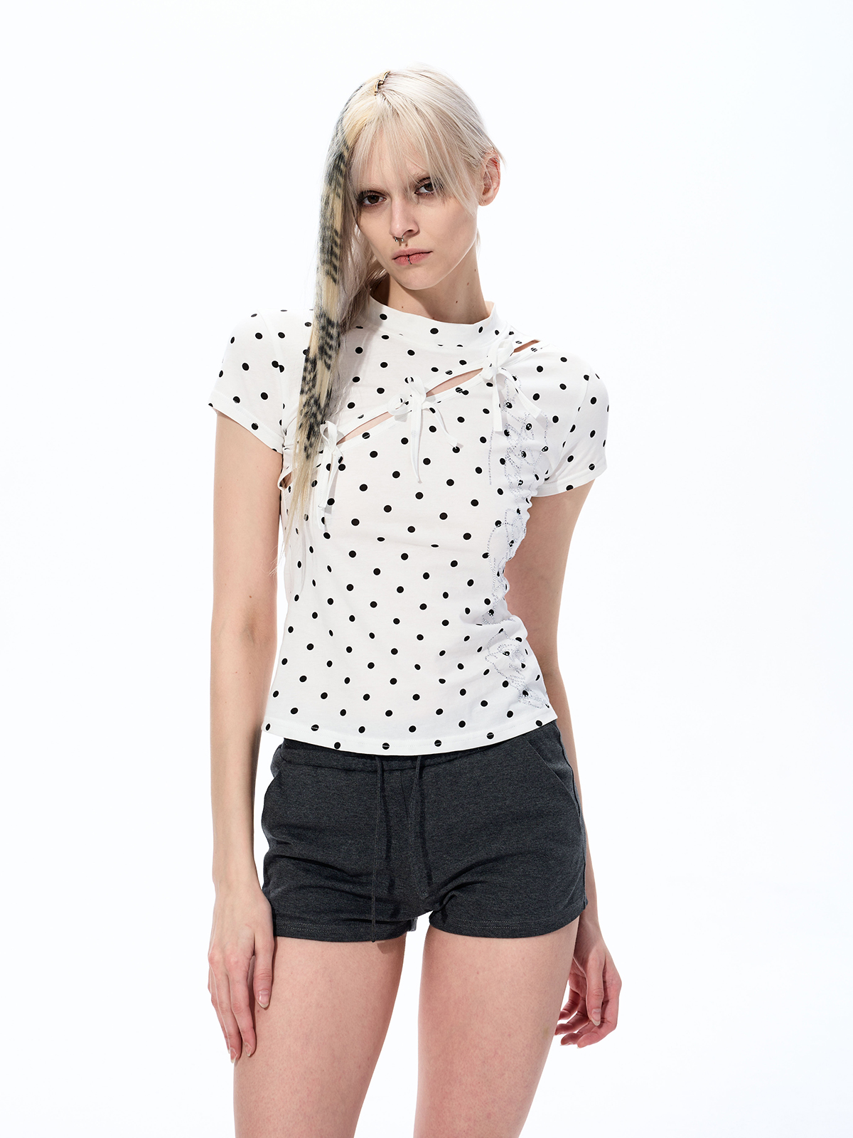 POLKA DOT CUT-OUT BOW TEE WITH RHINESTONES-WHITE
