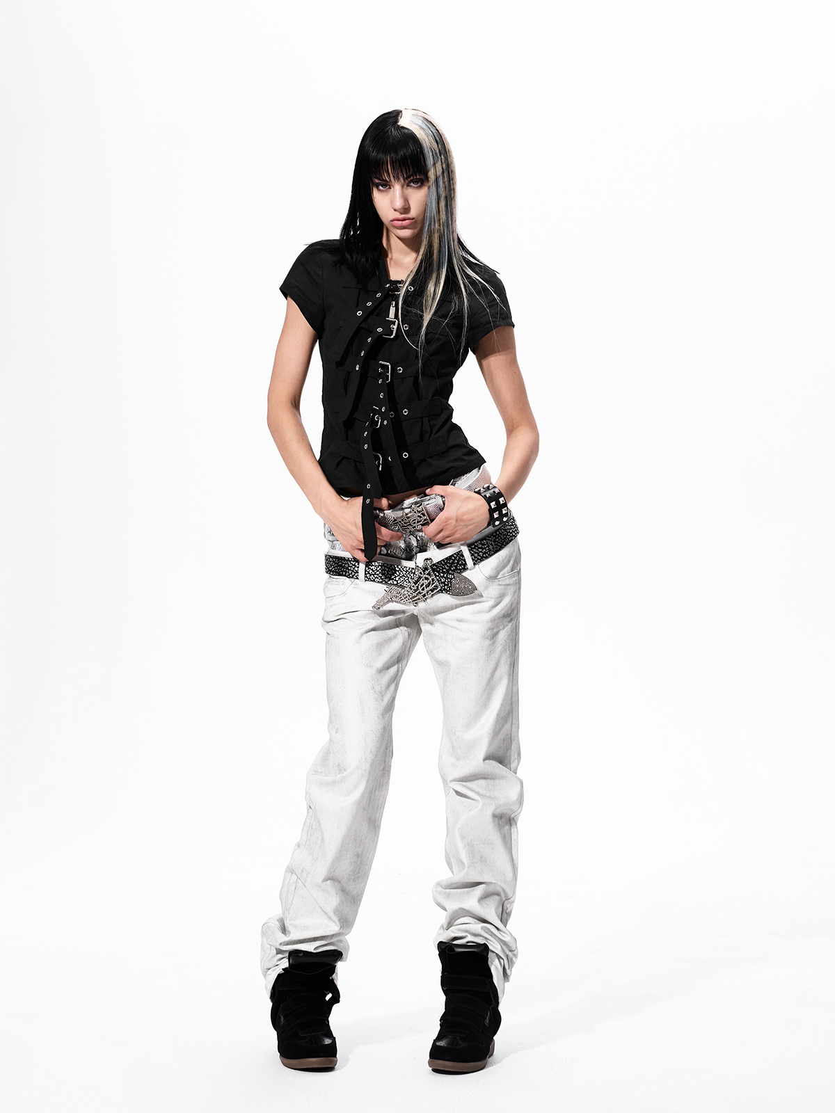 MULTI-BUCKLE STRAPPED V-NECK SHIRT