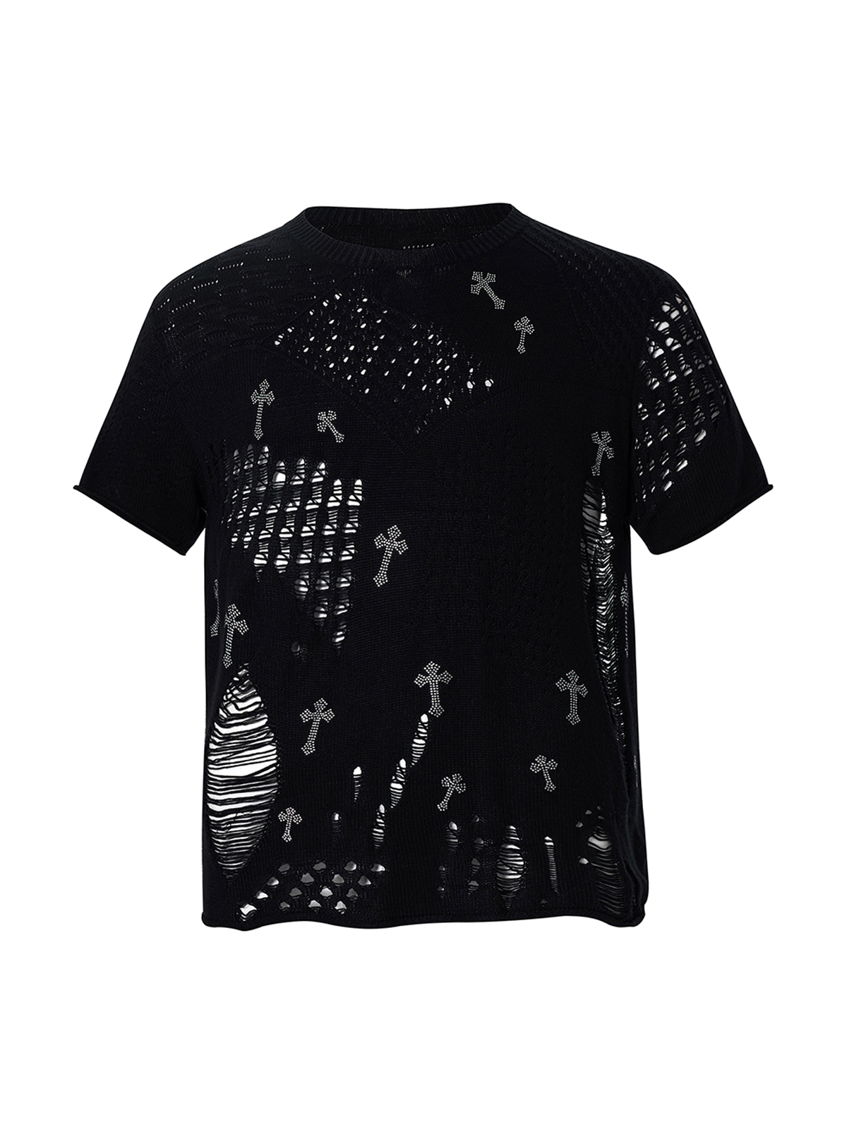 BLACK DISTRESSED CROSS KNIT TEE