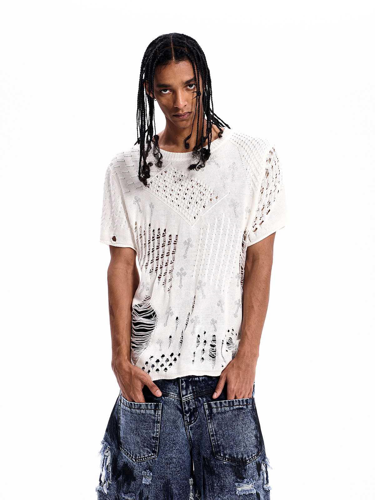 WHITE DISTRESSED CROSS KNIT TEE