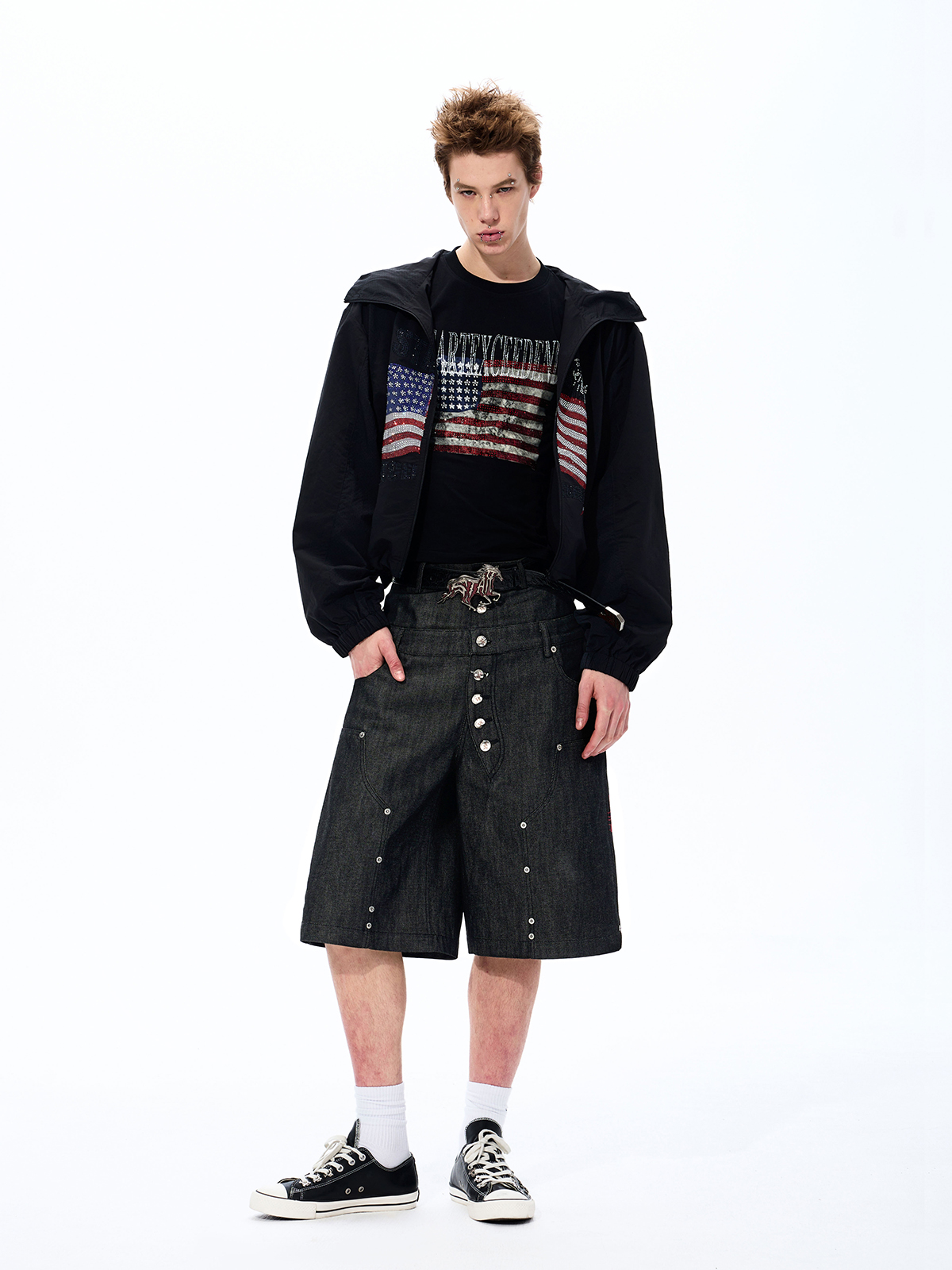 RHINESTONE AMERICANA LIGHTWEIGHT SUN HOODIE-BLACK