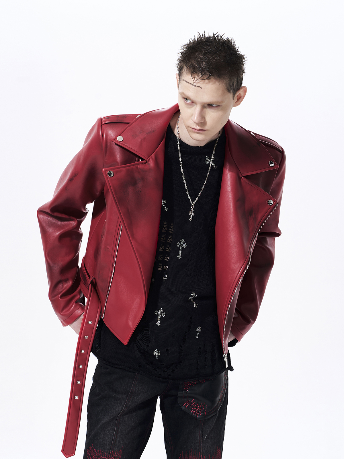 DISTRESSED WAR HORSE BIKER JACKET-RED
