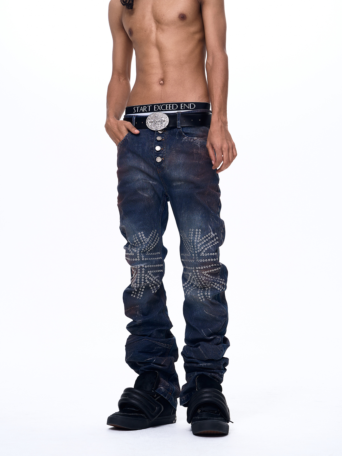 DIRTY WASH 5-BUTTON STACKED DENIM JEANS