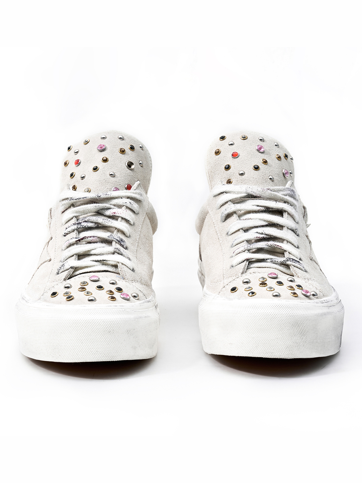 RHINESTONE STUDDED DISTRESSED PLATFORM SNEAKERS-VINTAGE WHITE
