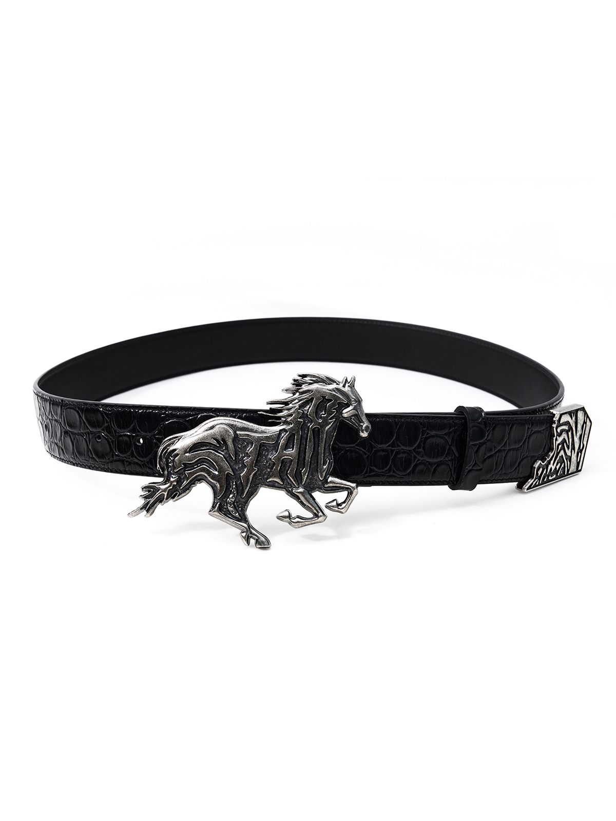 OVERSIZED WARHORSE BUCKLE CROC-EMBOSSED LEATHER BELT-ANTIQUE SILVER