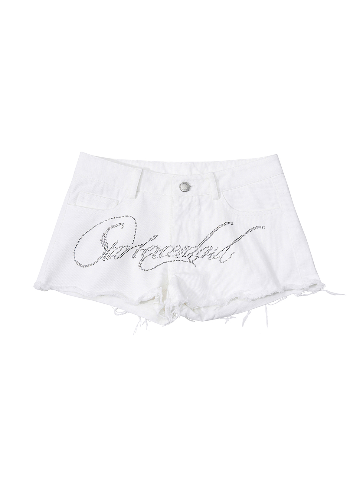 RHINESTONE MUSICAL NOTE LOW-RISE DENIM HOT PANTS-WHITE