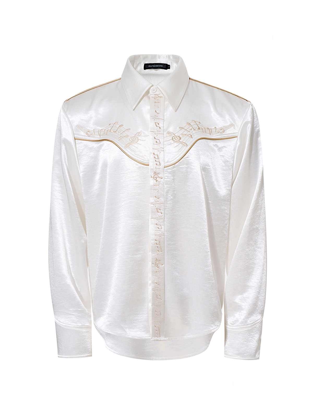 MUSICAL NOTE EMBROIDERED DRAPE SATIN SHIRT-WHITE