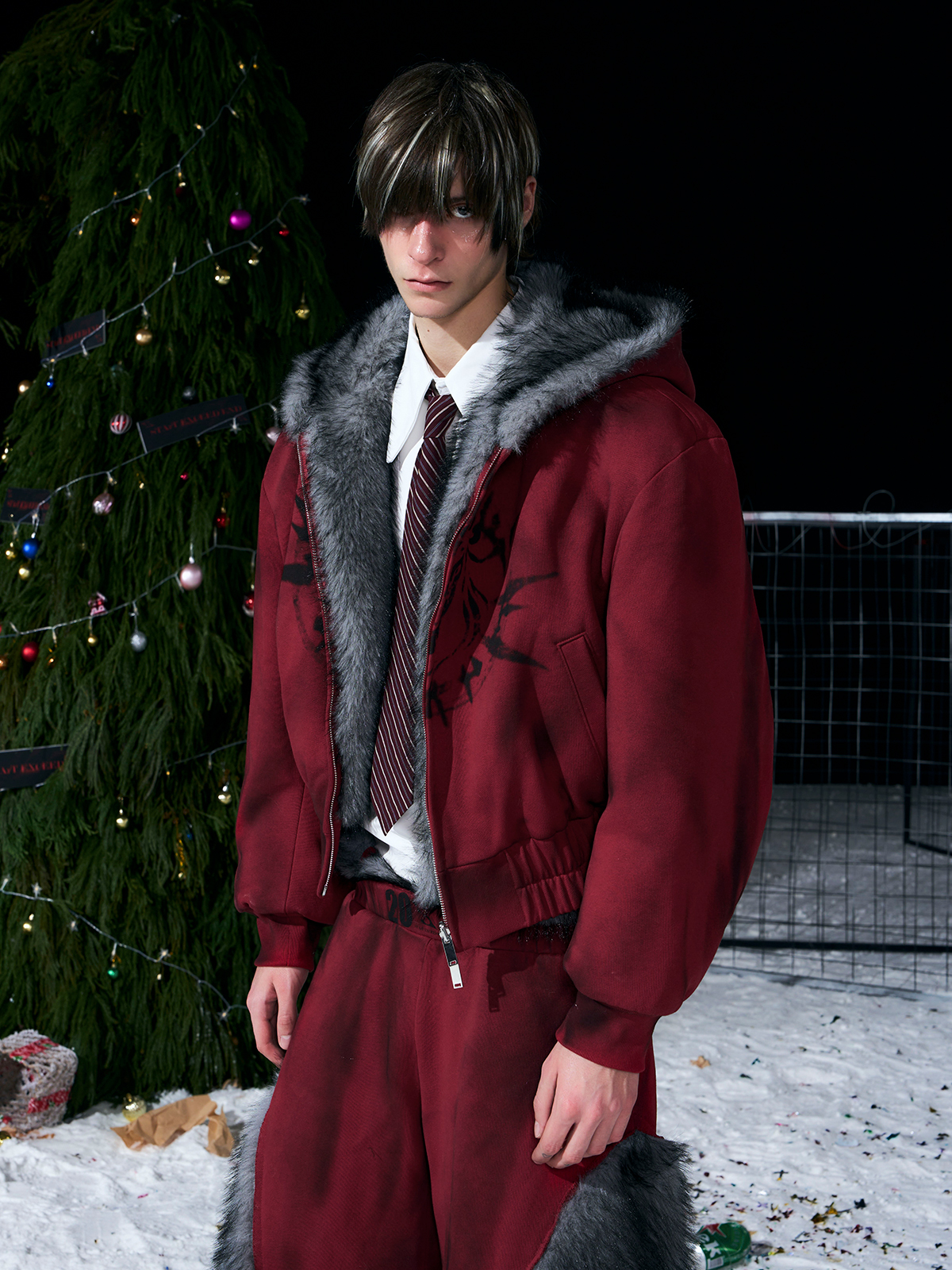 VINTAGE RED REVERSIBLE FUR HOODIE & FUR PANEL PANTS SET