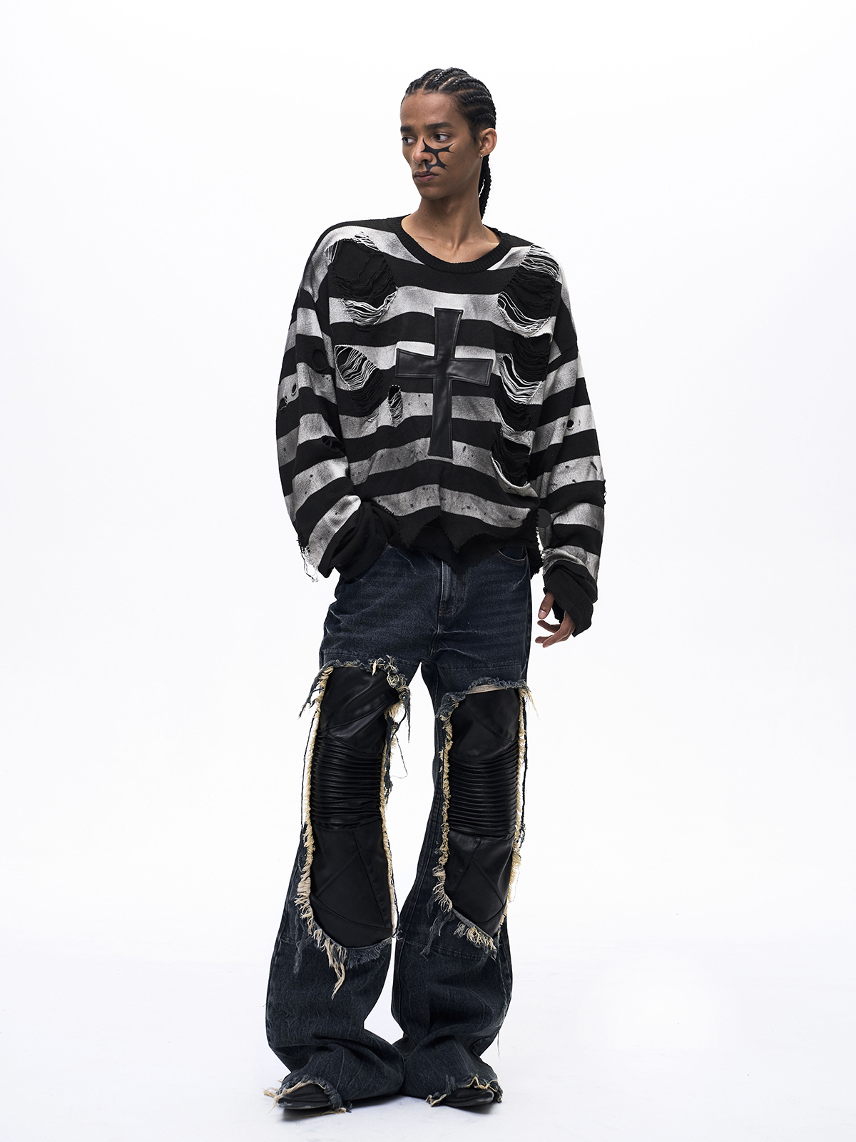 DISTRESSED LEATHER CROSS 2-PIECE KNIT SET