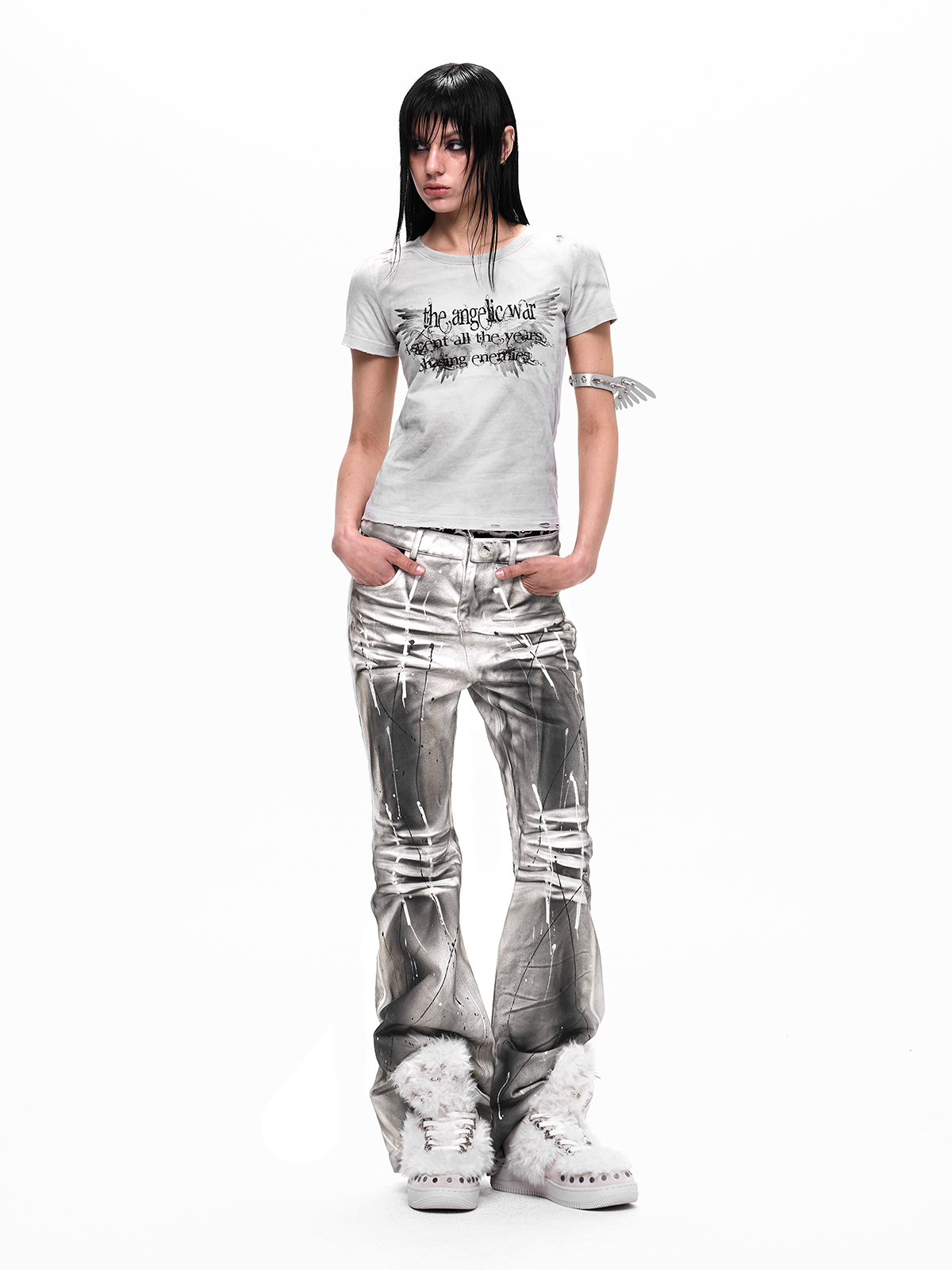 LEOPARD DOUBLE WAISTBAND FLARE JEANS-DIRTY WASH