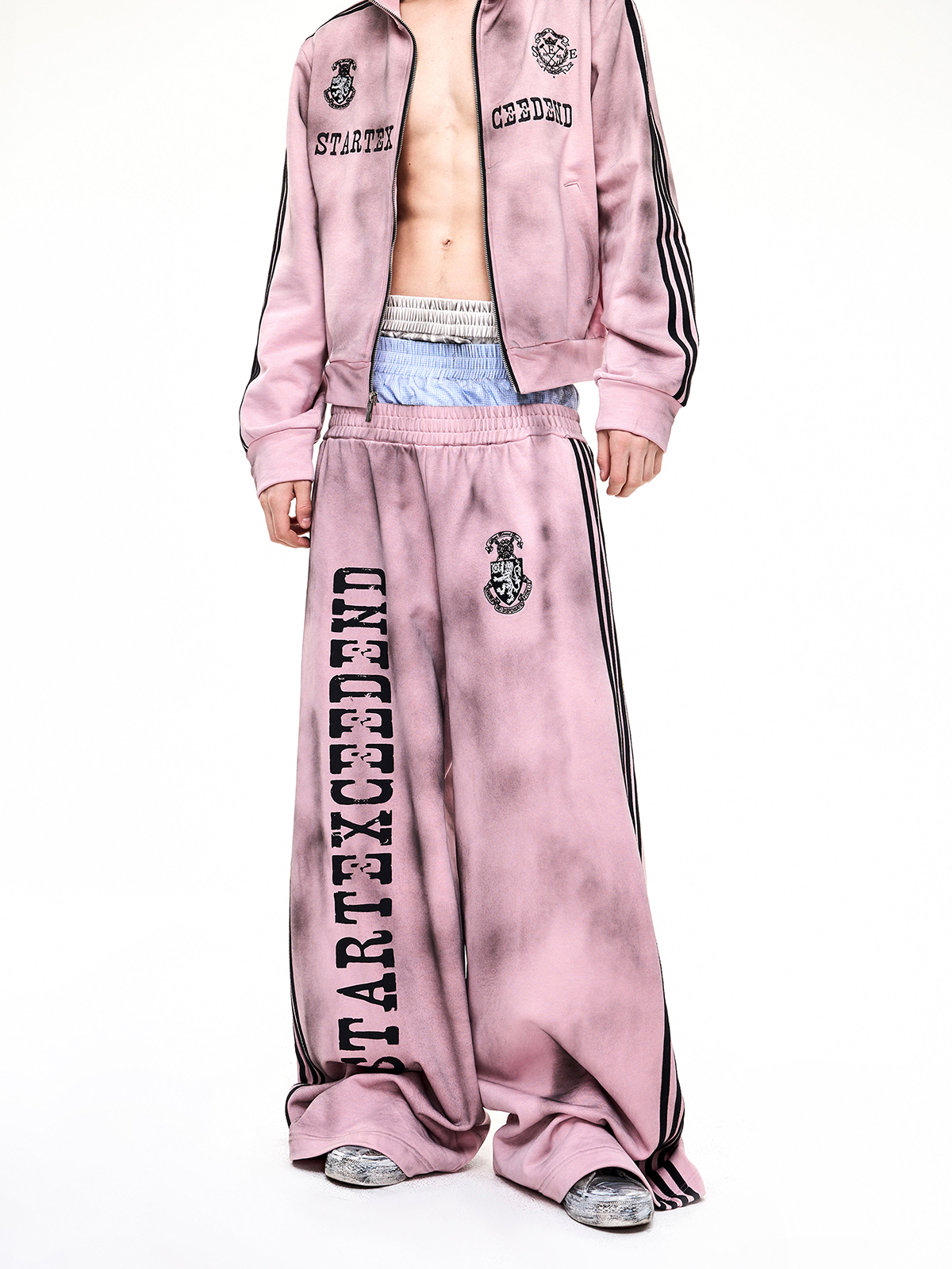 DIRTY WASH 4-STRIPE TRACK SUIT SET-PINK