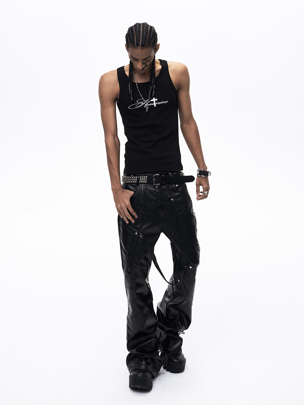 GOTHIC CROSS PRINT RIBBED TANK TOP-BLACK