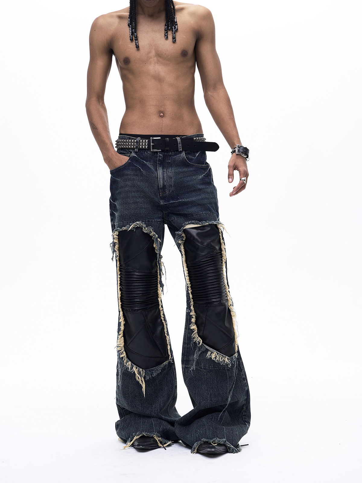 LEATHER PATCHWORK FLARED DENIM