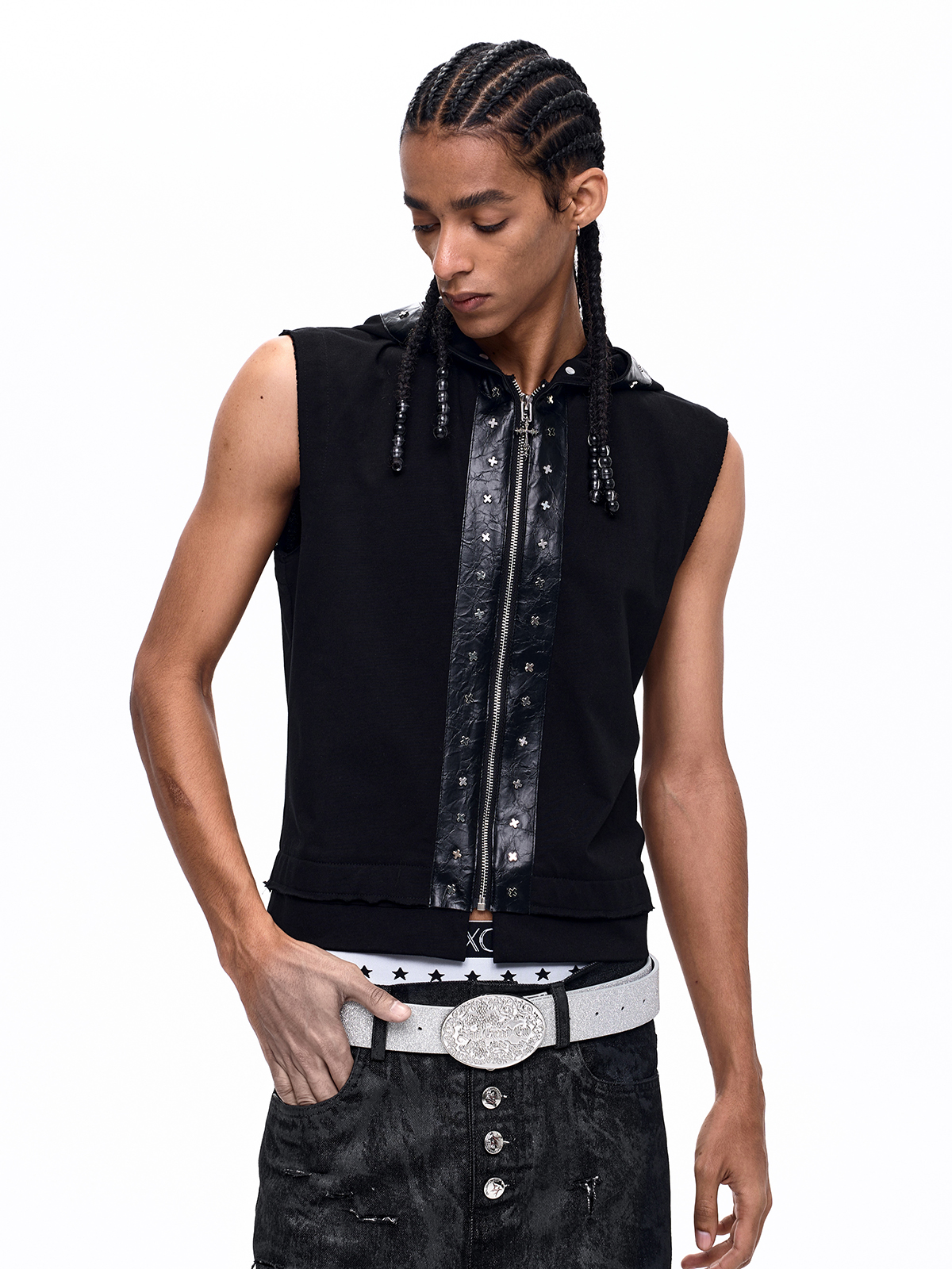 TUDDED CROSS LEATHER-PANEL HOODED VEST