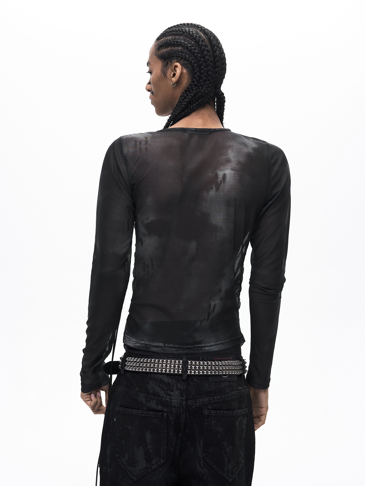 ASYMMETRICAL LACE-UP SHEER MESH TOP-BLACK