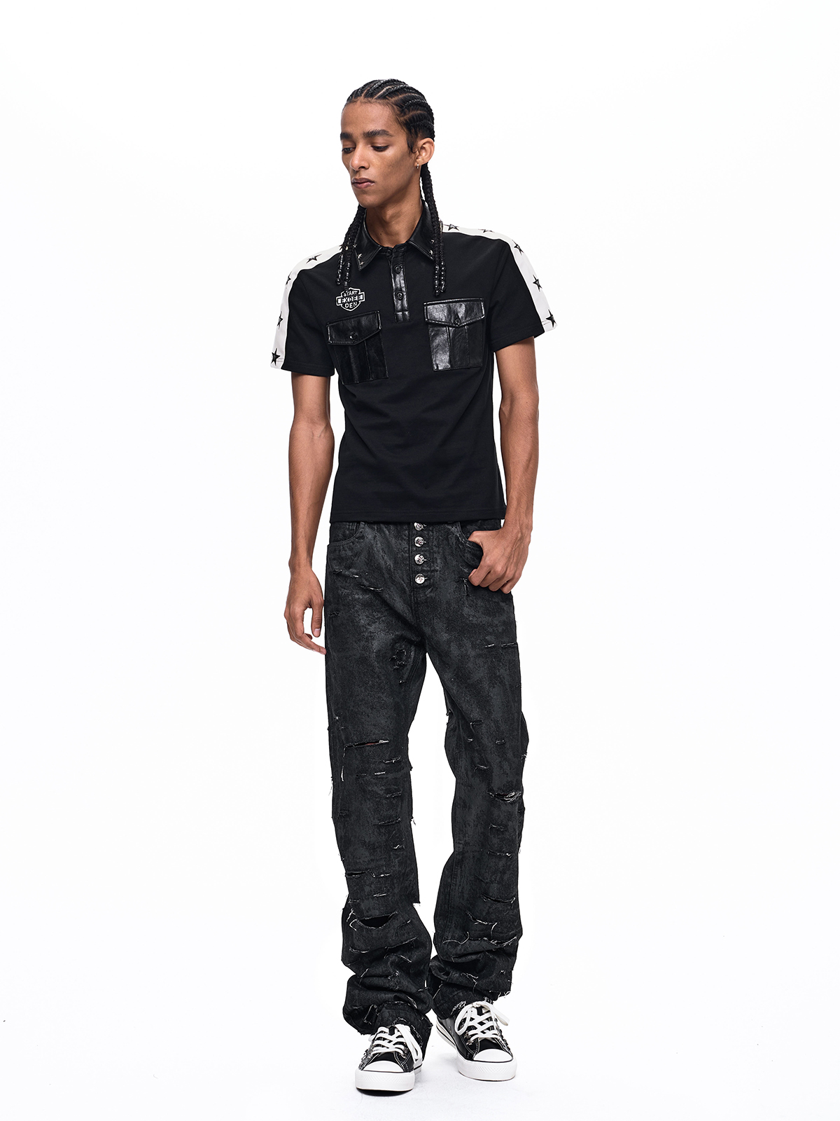 STAR STUDDED LEATHER-PANEL POLO SHIRT