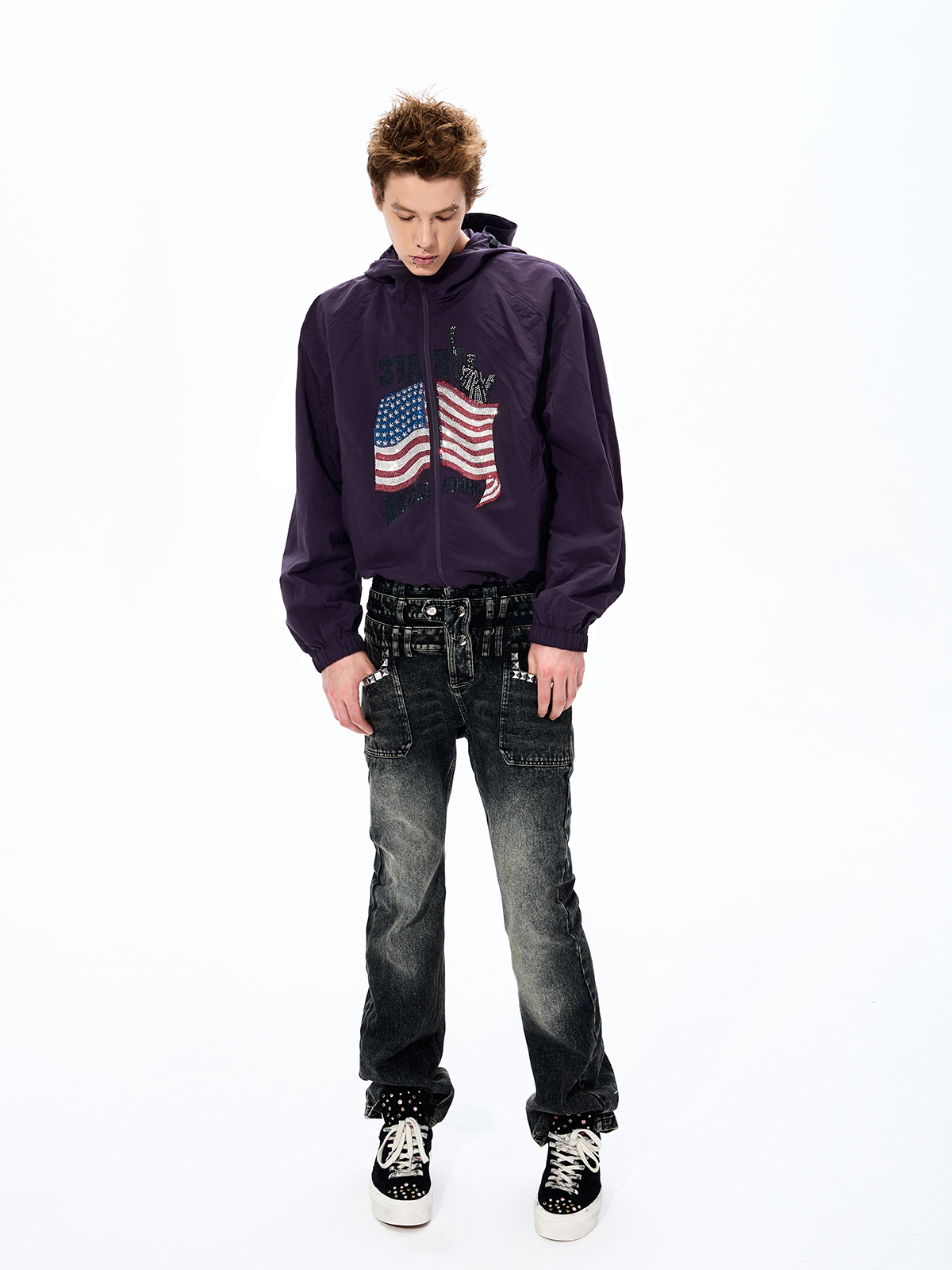 RHINESTONE AMERICANA LIGHTWEIGHT SUN HOODIE-PLUM PURPLE