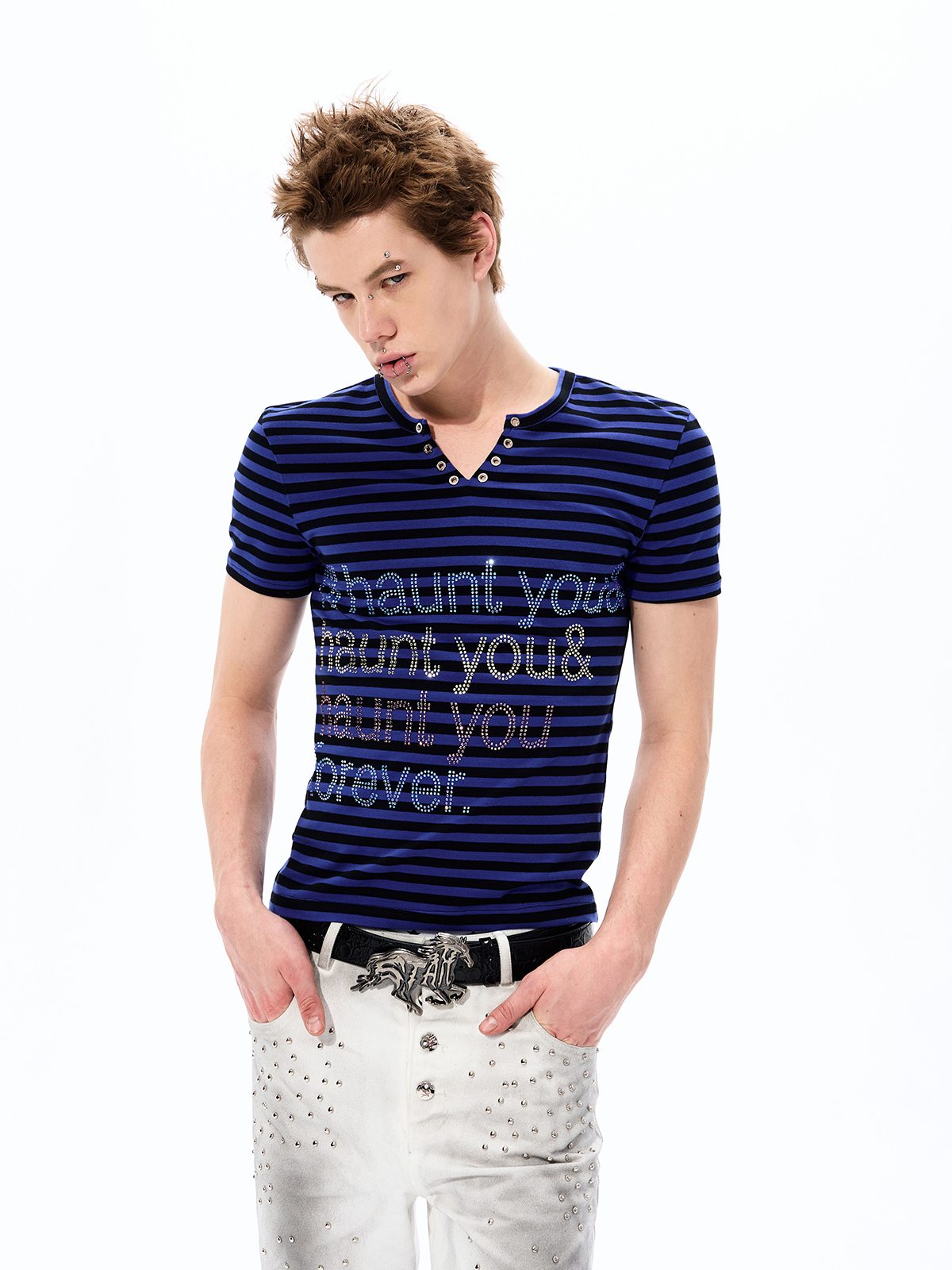 "HAUNT YOU FOREVER" RHINESTONE STRIPED V-NECK TEE