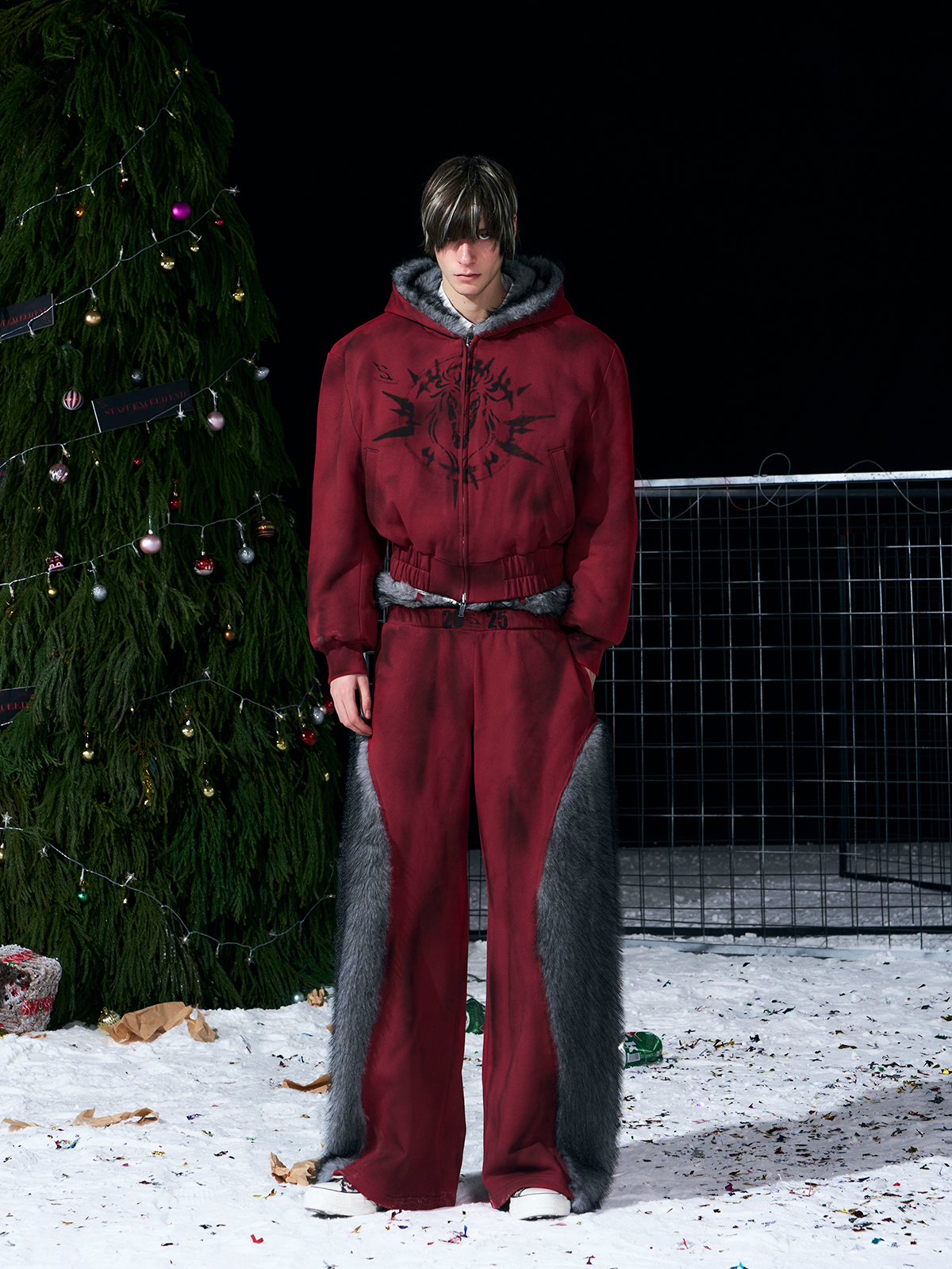 VINTAGE RED REVERSIBLE FUR HOODIE & FUR PANEL PANTS SET