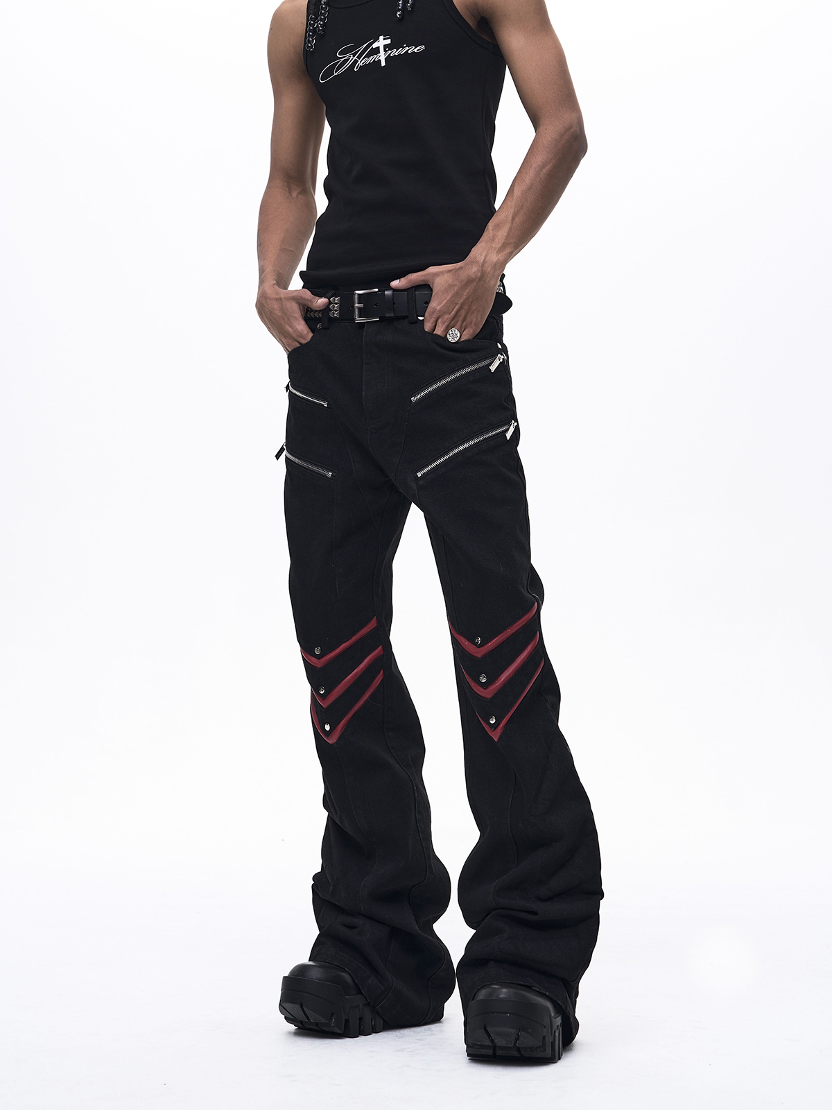 INDUSTRIAL ZIPPER LEATHER PATCHWORK FLARE JEANS-BLACK