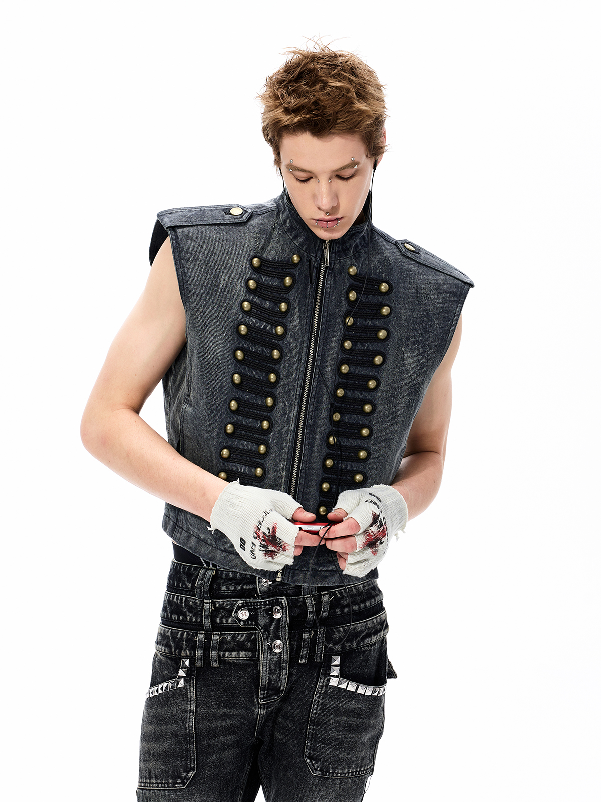 DISTRESSED DENIM NAPOLEON MILITARY VEST