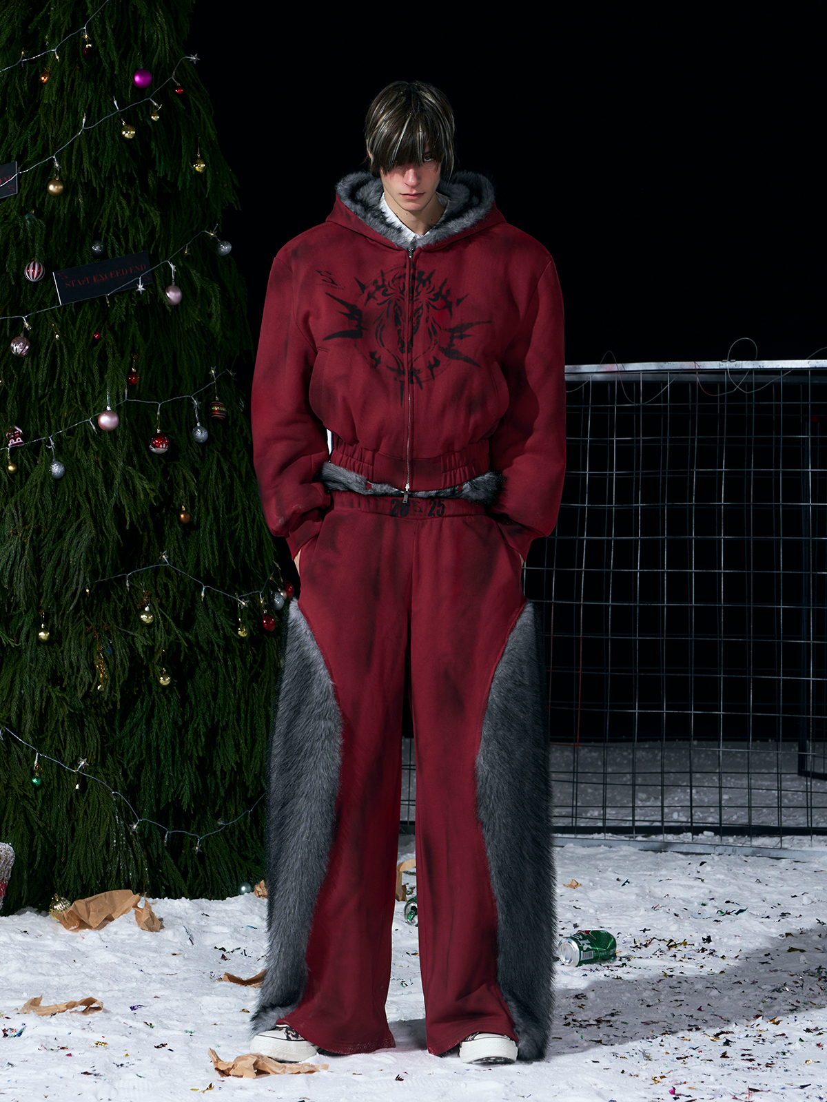 VINTAGE RED REVERSIBLE FUR HOODIE & FUR PANEL PANTS SET