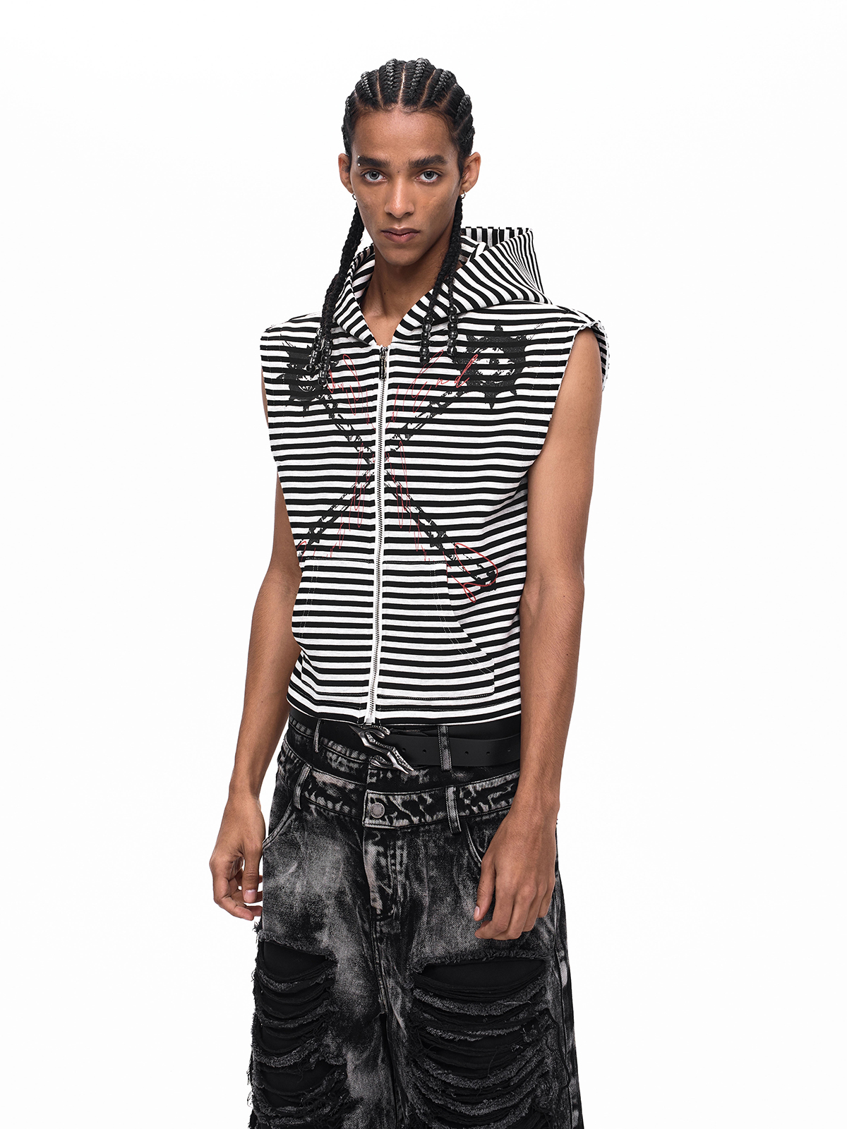 STRIPED MORNING STAR ZIP HOODIE VEST-BLACK/WHITE