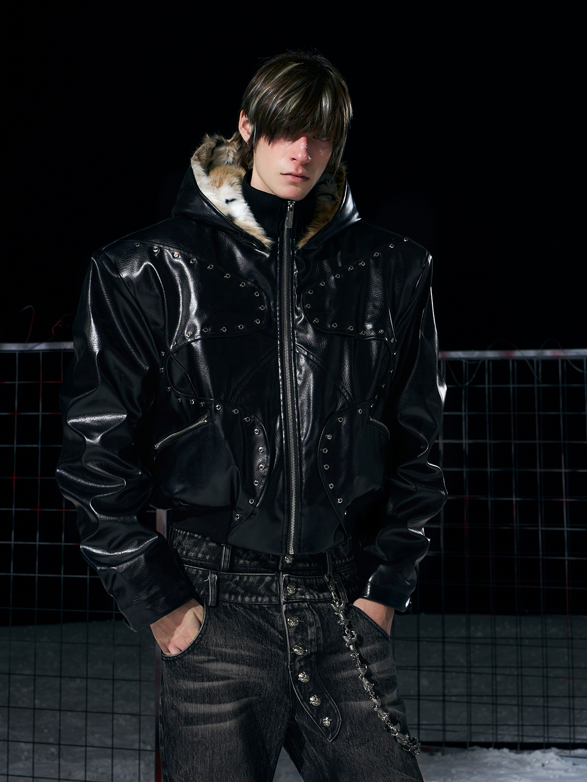 STUDDED FAUX LEATHER BOMBER WITH FUR-LINED HOOD