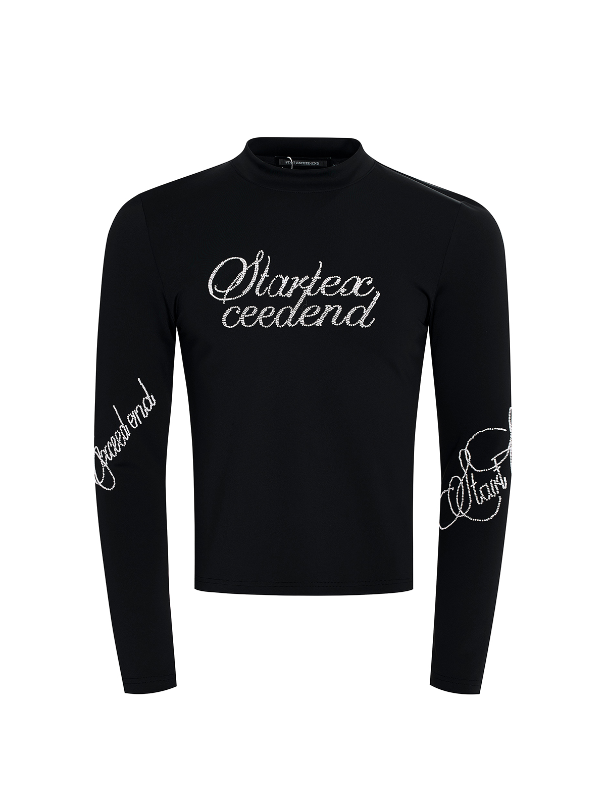 BLACK RHINESTONE SCRIPT MOCK NECK LONG SLEEVE