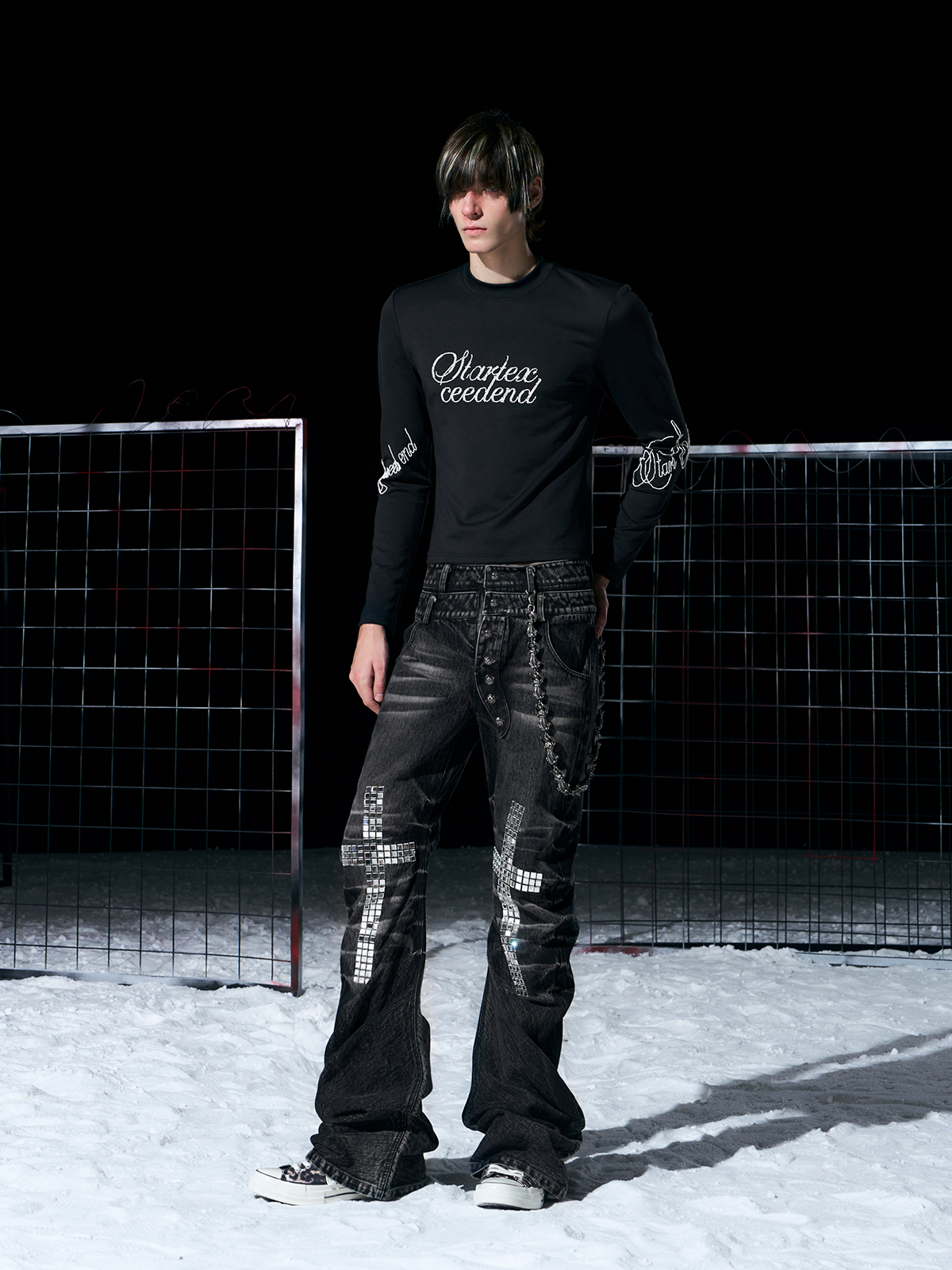 BLACK RHINESTONE SCRIPT MOCK NECK LONG SLEEVE