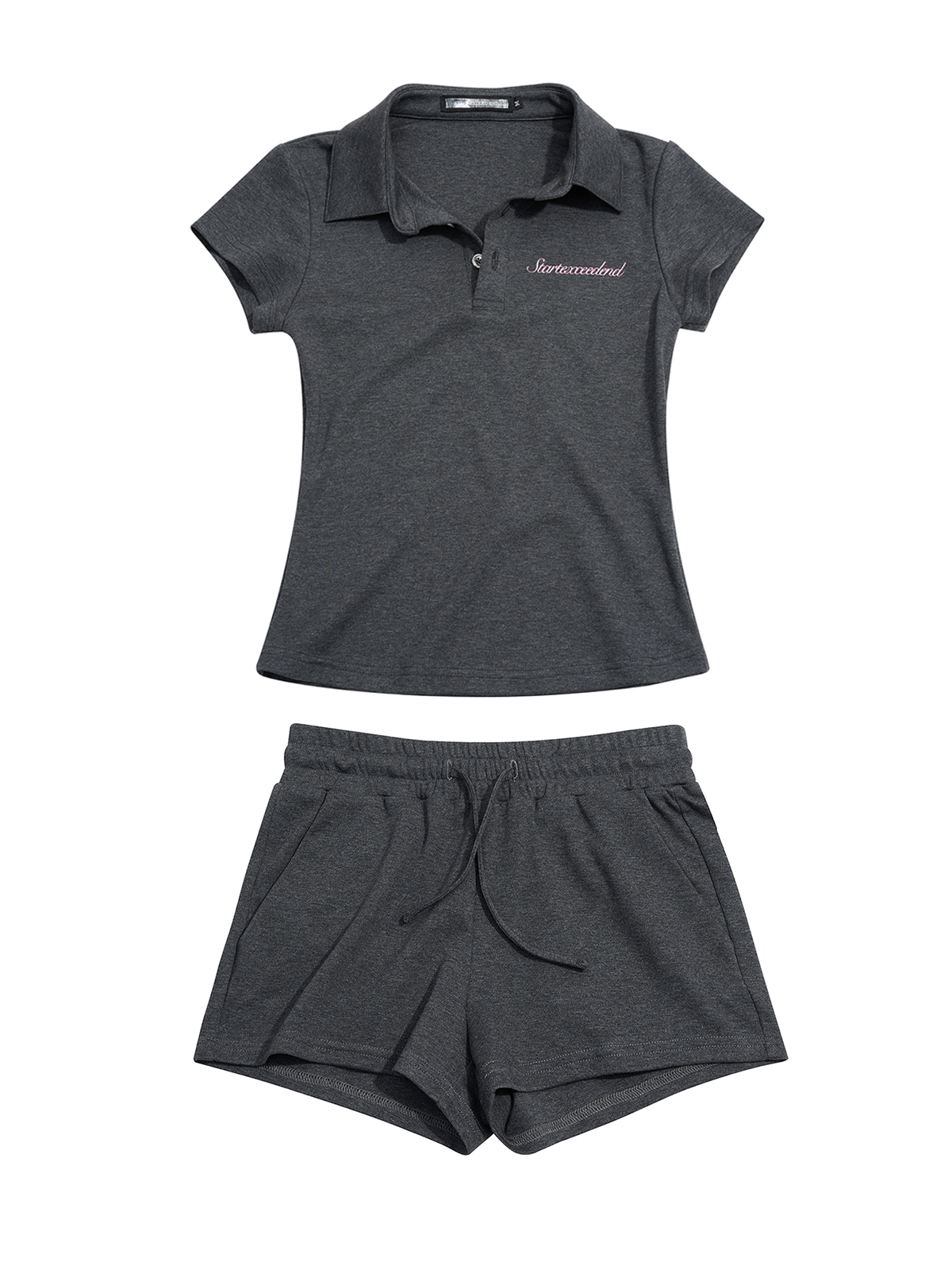 Charcoal Rhinestone Angel Wing Polo Set | Y2K Two-Piece Outfit
