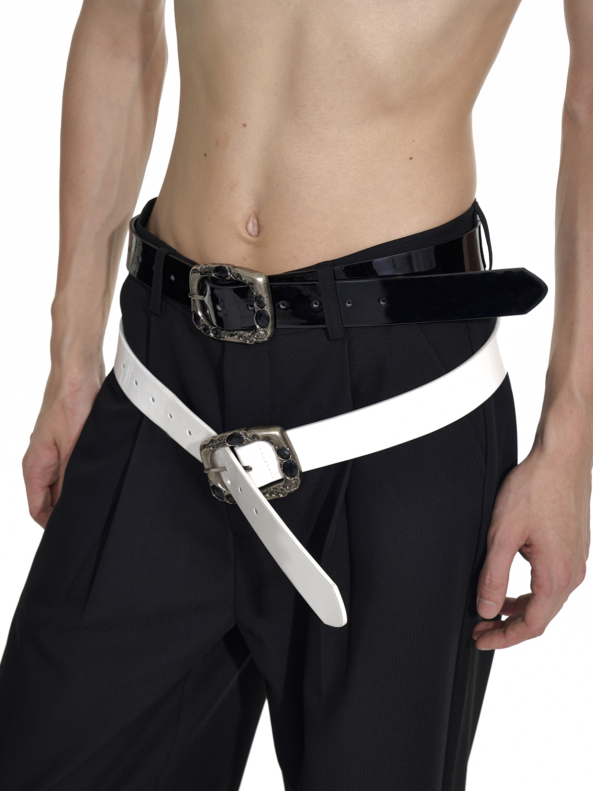 VINTAGE GEMSTONE BUCKLE LEATHER BELT-WHITE