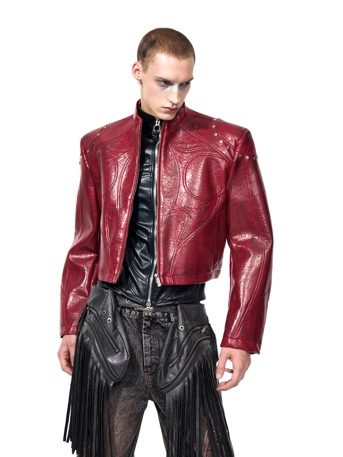 CROPPED STUDDED MOTO JACKET-CRINKLED RED