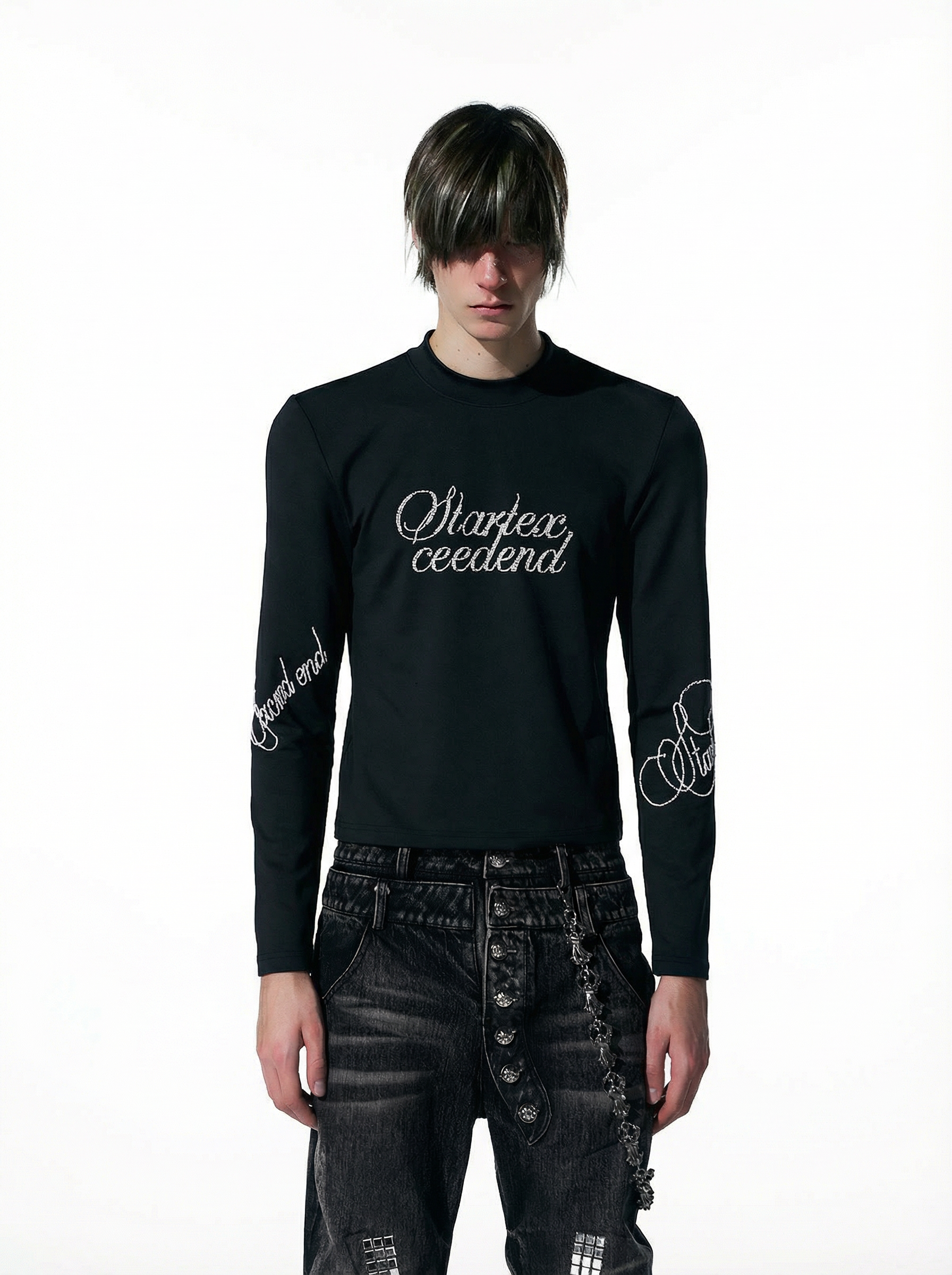 BLACK RHINESTONE SCRIPT MOCK NECK LONG SLEEVE