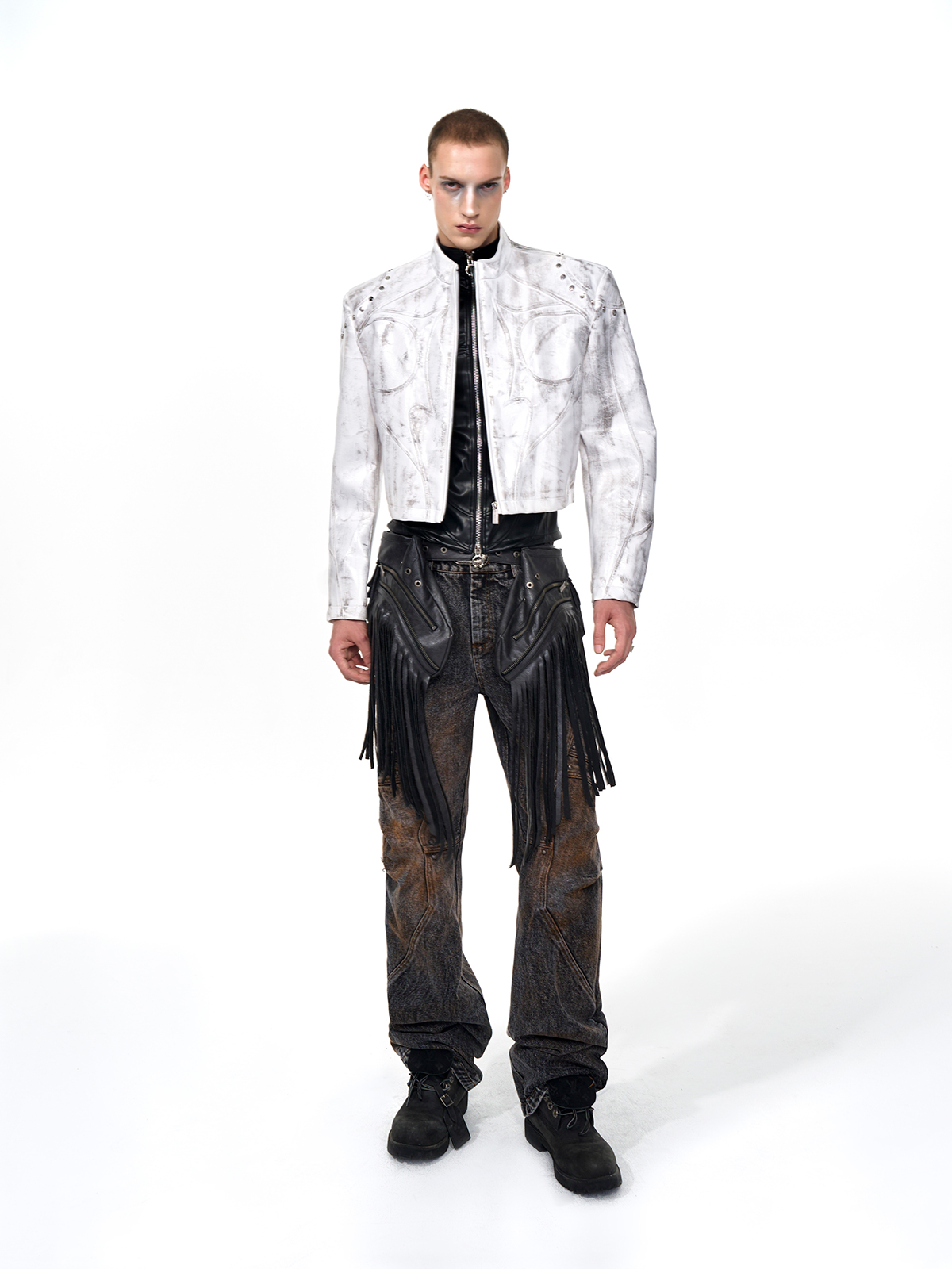 CROPPED STUDDED MOTO JACKET-DISTRESSED WHITE