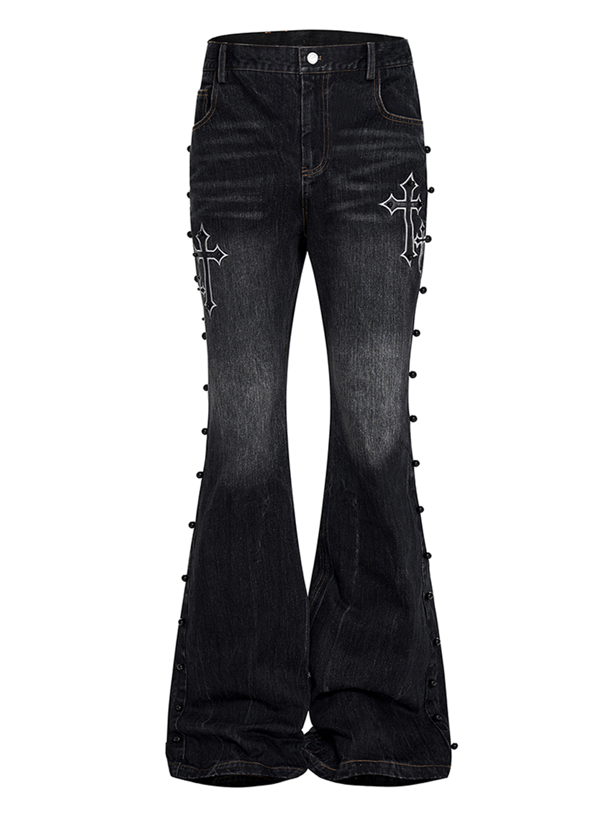 LEATHER CROSS & WING EMBROIDERY FLARED DENIM