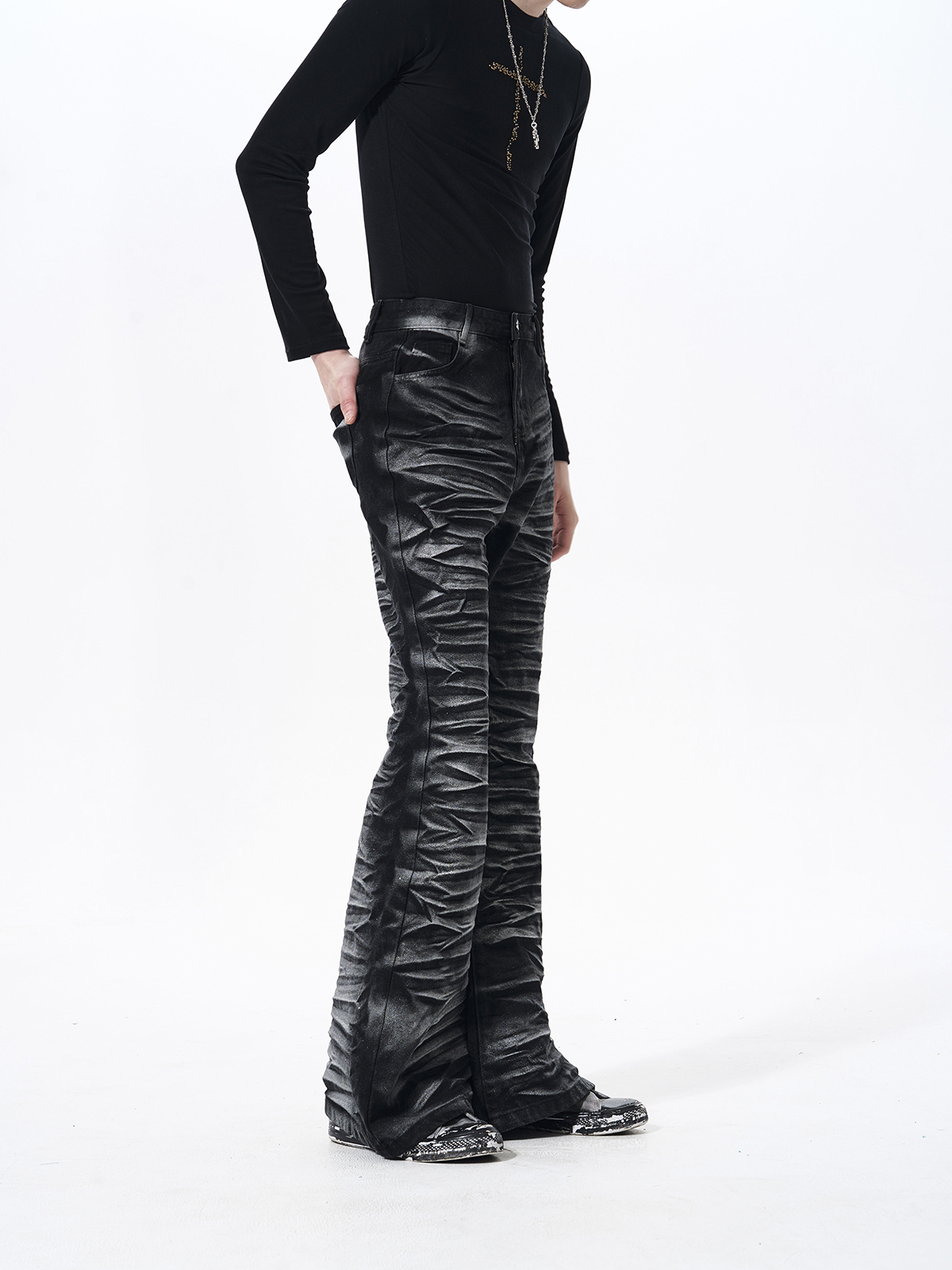 METALLIC COATED RIPPLE PLEATED FLARE DENIM