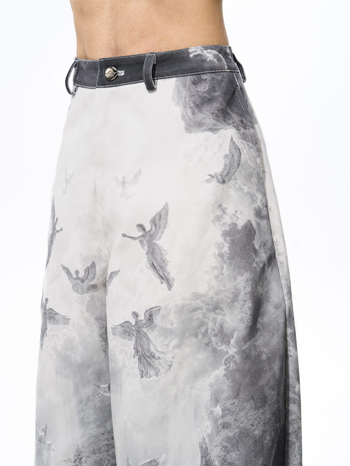 RENAISSANCE ANGEL PRINT LOW WAIST WIDE LEG JEANS