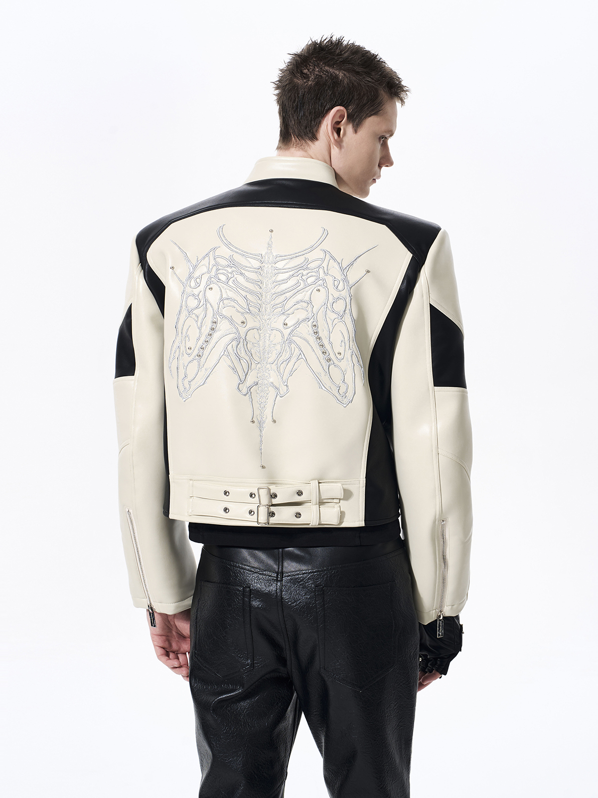 EMBROIDERED SKELETAL HORSE MOTO JACKET-WHITE