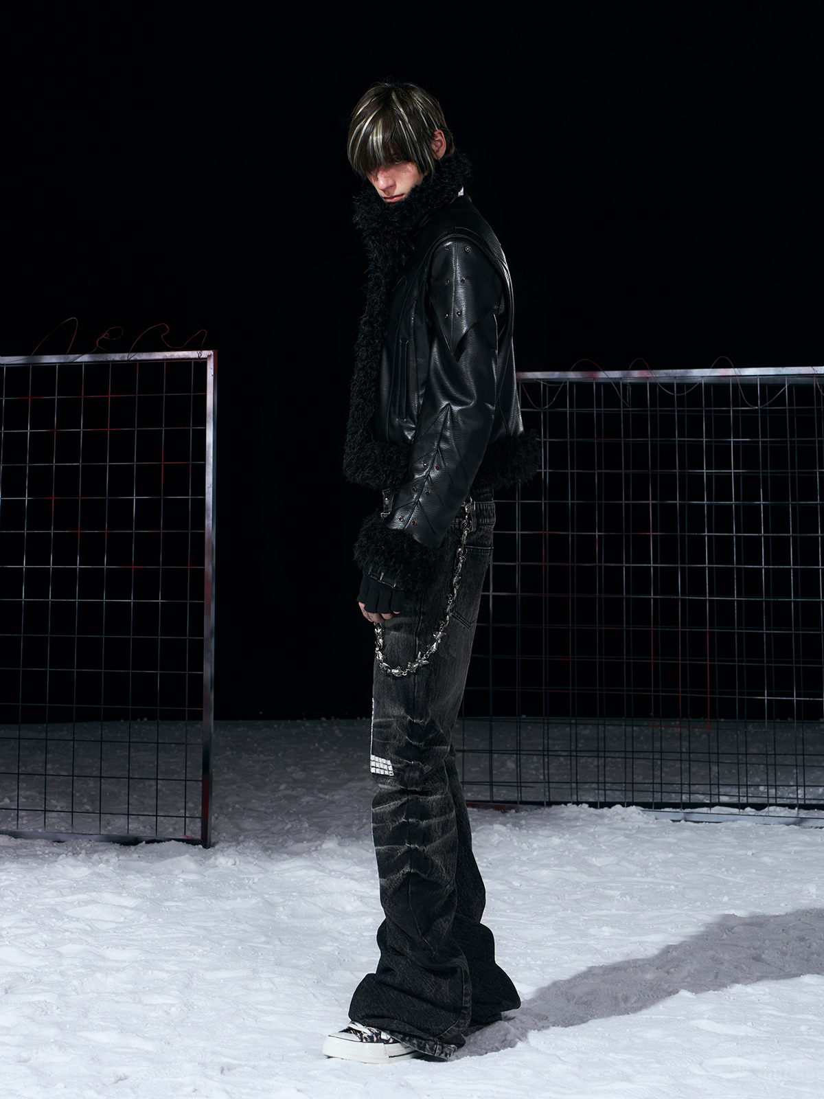 DECONSTRUCTED FUR-TRIM PADDED LEATHER JACKET